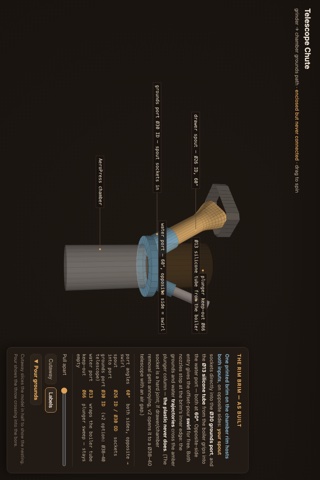 Grinder drawer spout descending at 60 degrees into the brim's grounds port